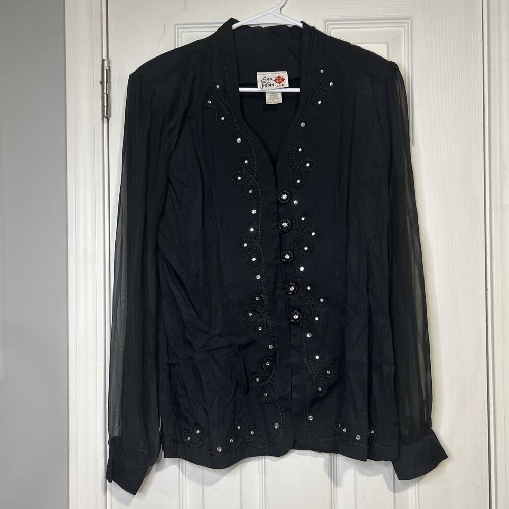 San Julian USA Style 190 Vintage Rhinestone Blouse Black Sheer Mesh Sleeve 90s L